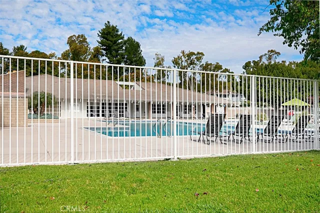 a view of a swimming pool with palm trees