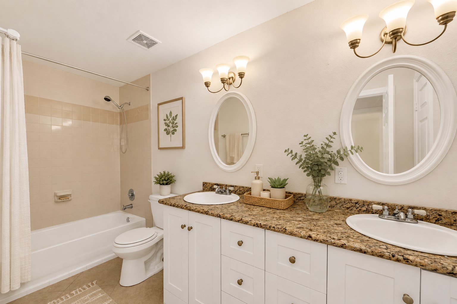 12528 Labrador Cove Austin, TX 78729 - Photo 32 of 40 Virtually Staged
This spacious secondary bathroom has been virtually staged with a light Pottery Barn-inspired aesthetic, showcasing a timeless double vanity with granite countertops, elegant oval mirrors, soft neutral décor, and subtle spa-like accents. Warm textures, natural greenery, and clean lines create an inviting atmosphere, while the full bath and shower combination offers both functionality and comfort. The bright, airy design highlights the room’s generous size and versatility, creating a relaxing retreat for family members and guests alike.