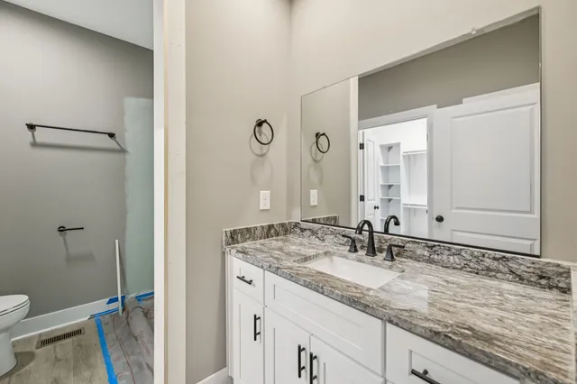 a bathroom with a granite countertop sink and a mirror
