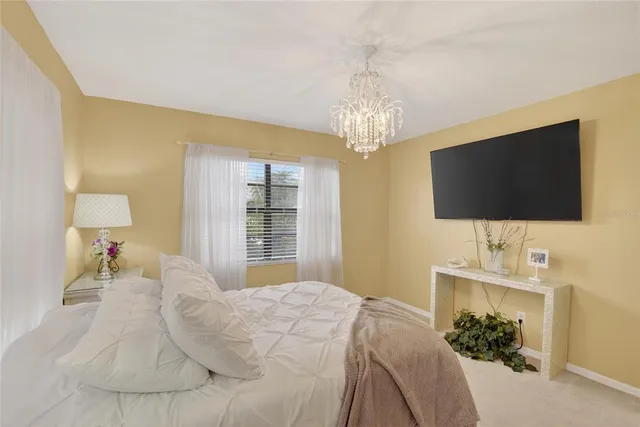 a bedroom with a bed tv and a chandelier