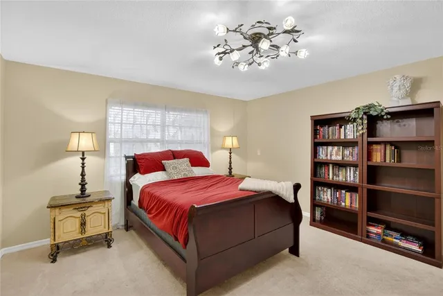 a bedroom with a bed furniture a chandelier and a book shelf