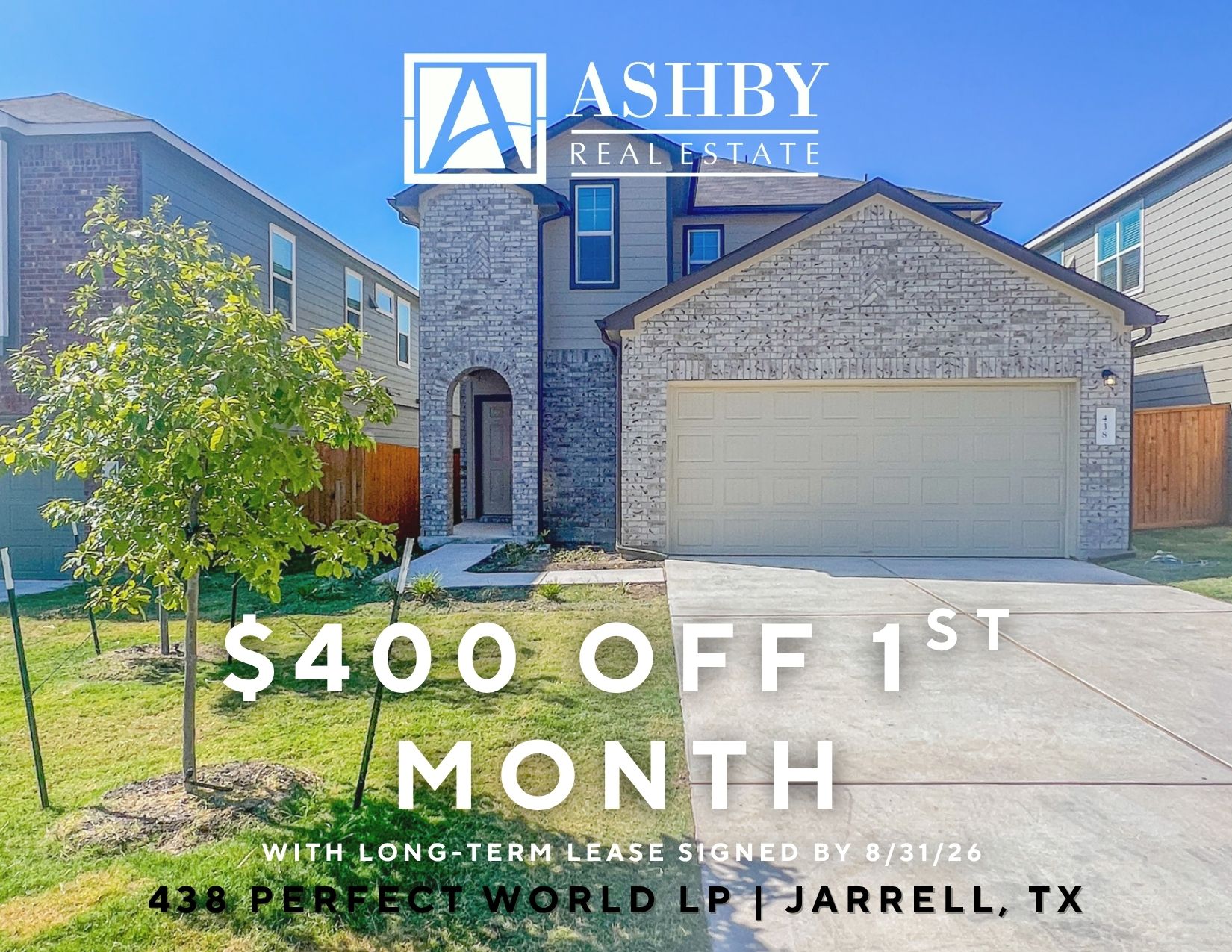 438 Perfect World Loop Jarrell, TX 76537 - Photo 1 of 35 A newly constructed residence showcasing a modern facade of brick and siding, complete with an attached garage and a neatly manicured front yard.