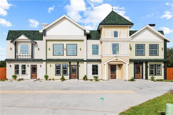a front view of residential houses