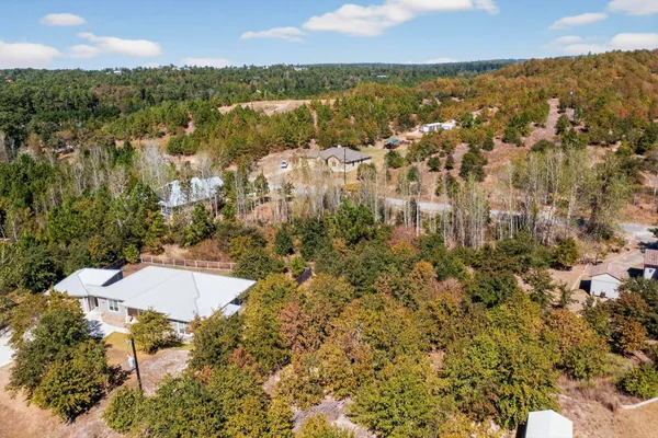 an aerial view of residential houses with outdoor space and trees