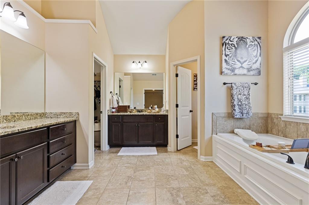 2352 Alexander Top Place Grayson, GA 30017 - Photo 41 of 66 a spacious bathroom with a granite countertop tub sink a mirror a shower and vanity
