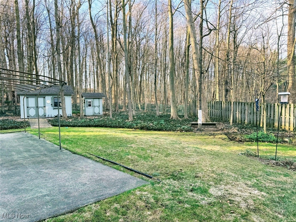535 Barrington Ridge Road Painesville, OH 44077 - Photo 11 of 48 View of yard featuring a storage shed, an outdoor structure, and fence