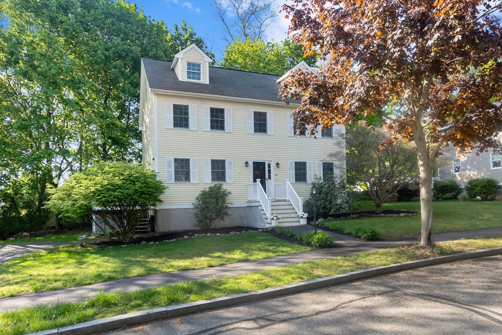 a front view of house with yard and green space