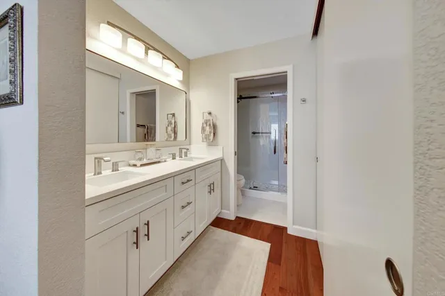 a bathroom with a sink a mirror and a shower