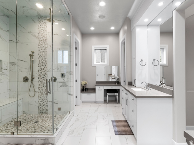 614 East High Lane Alpine, UT 84004 - Photo 42 of 75 Full bath with vanity, a marble finish shower, recessed lighting, and light marble finish flooring