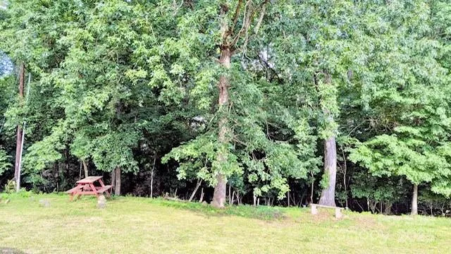 a view of a swimming pool with lawn chairs and a yard