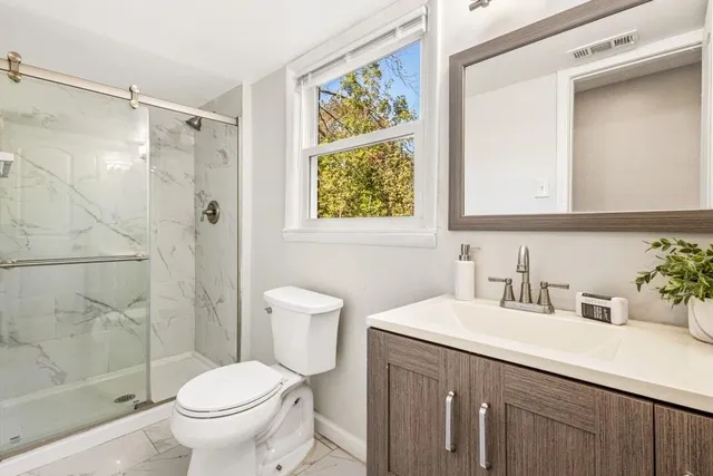 a bathroom with a sink a mirror a toilet and shower