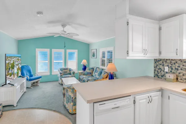 a kitchen with a workspace