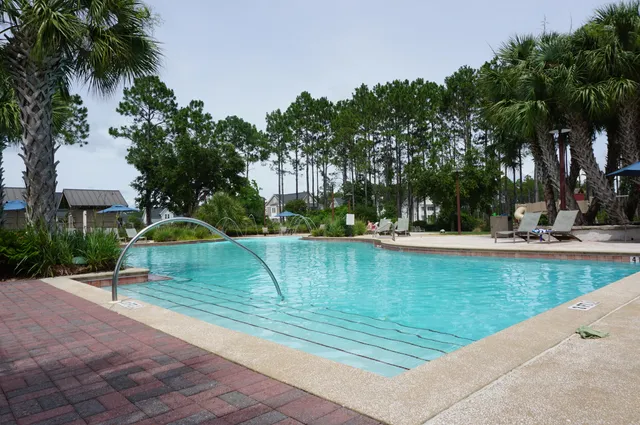 a view of a park with large trees