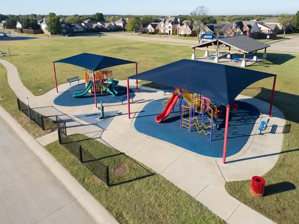 an outdoor space with seating