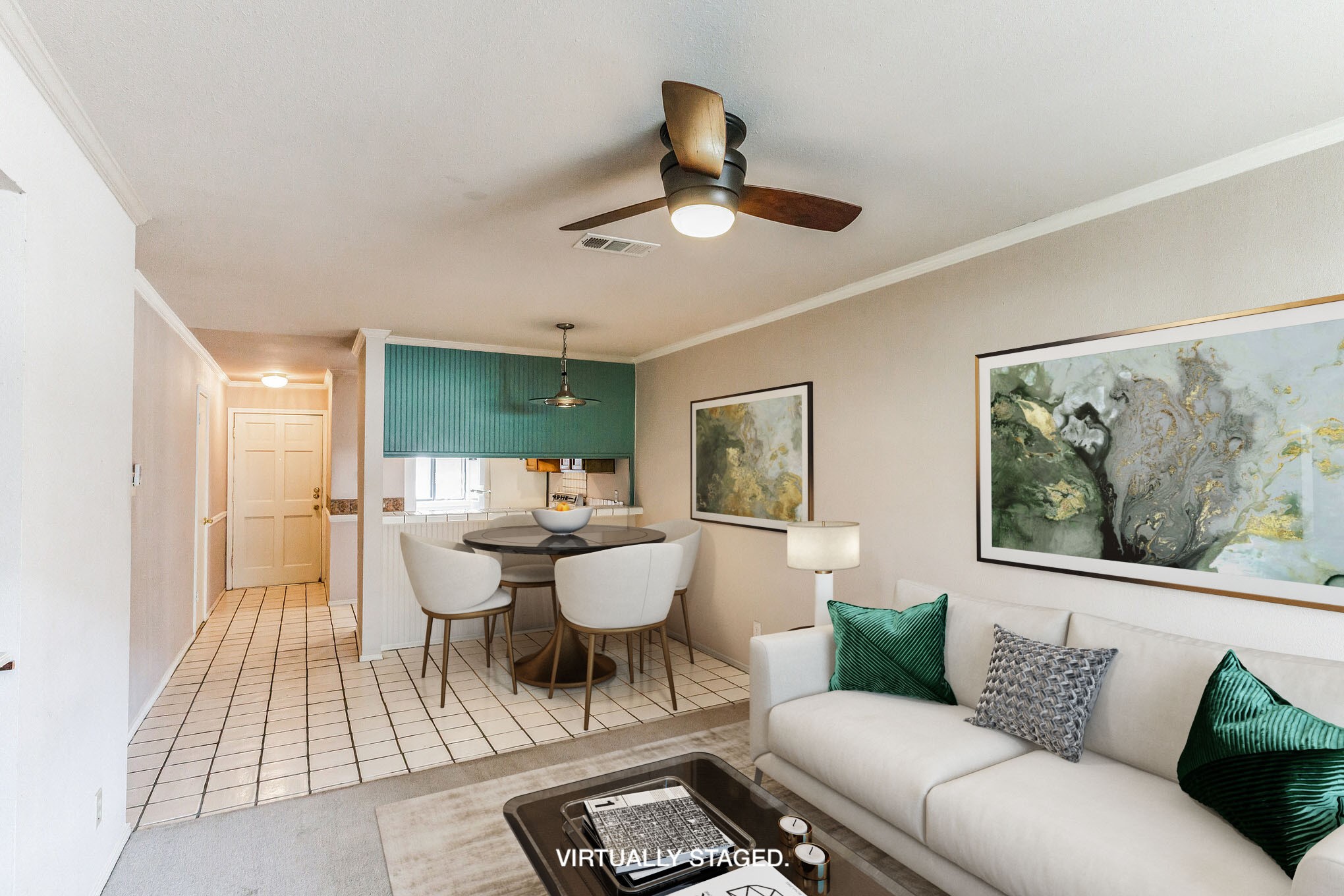 Main living & dining area, virtually staged