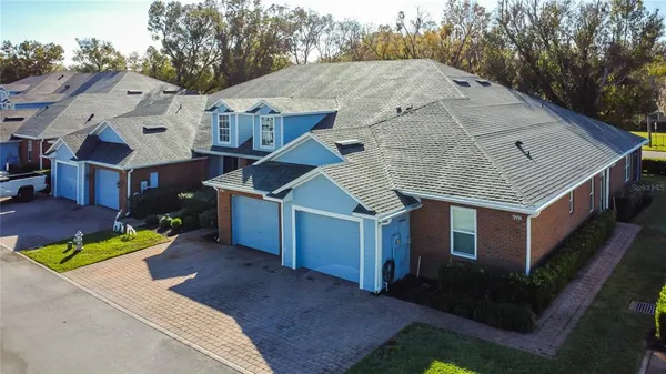 a aerial view of a house with a yard and potted plants