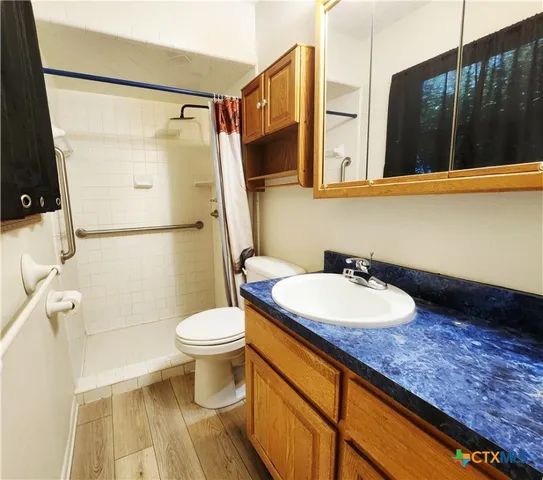 a bathroom with a sink a toilet and a mirror