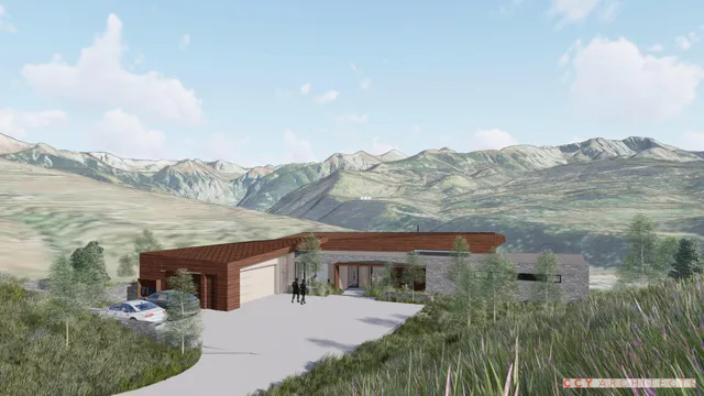 an aerial view of house with yard and mountain in the background