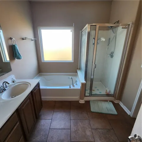 a bathroom with a tub a sink and a window