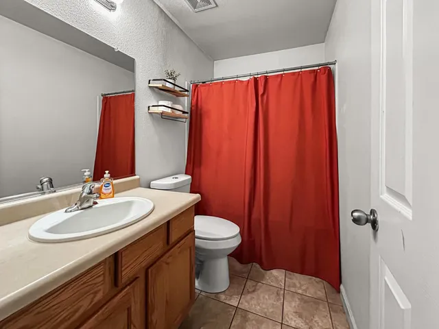 a bathroom with a sink a toilet and shower curtain
