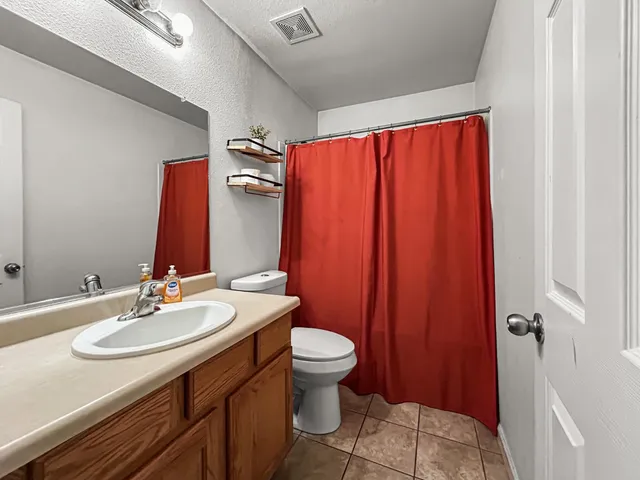 a bathroom with a sink a toilet and shower curtain