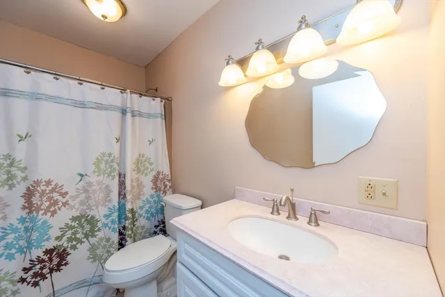 a bathroom with a sink a toilet and a mirror