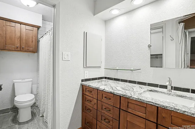a bathroom with a granite countertop sink toilet and mirror