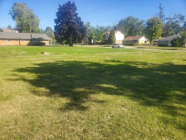 a large yard with swimming pool and trees in the background