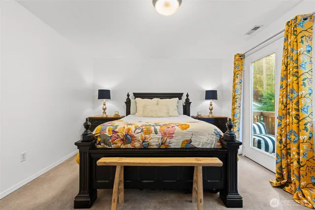 a view of a lake with a garden