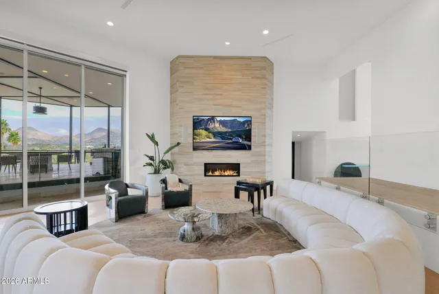 a living room with furniture potted plant and kitchen view