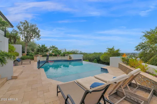 a view of a swimming pool with a garden