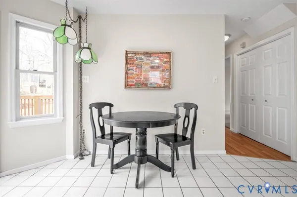 a view of a dining room with furniture window and outside view