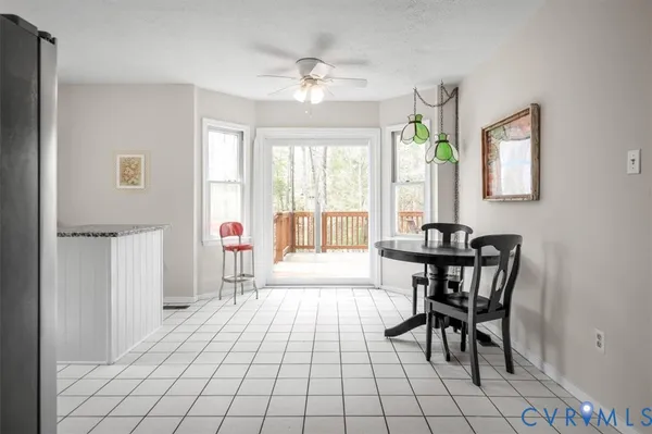 a view of a dining room with furniture window and outside view