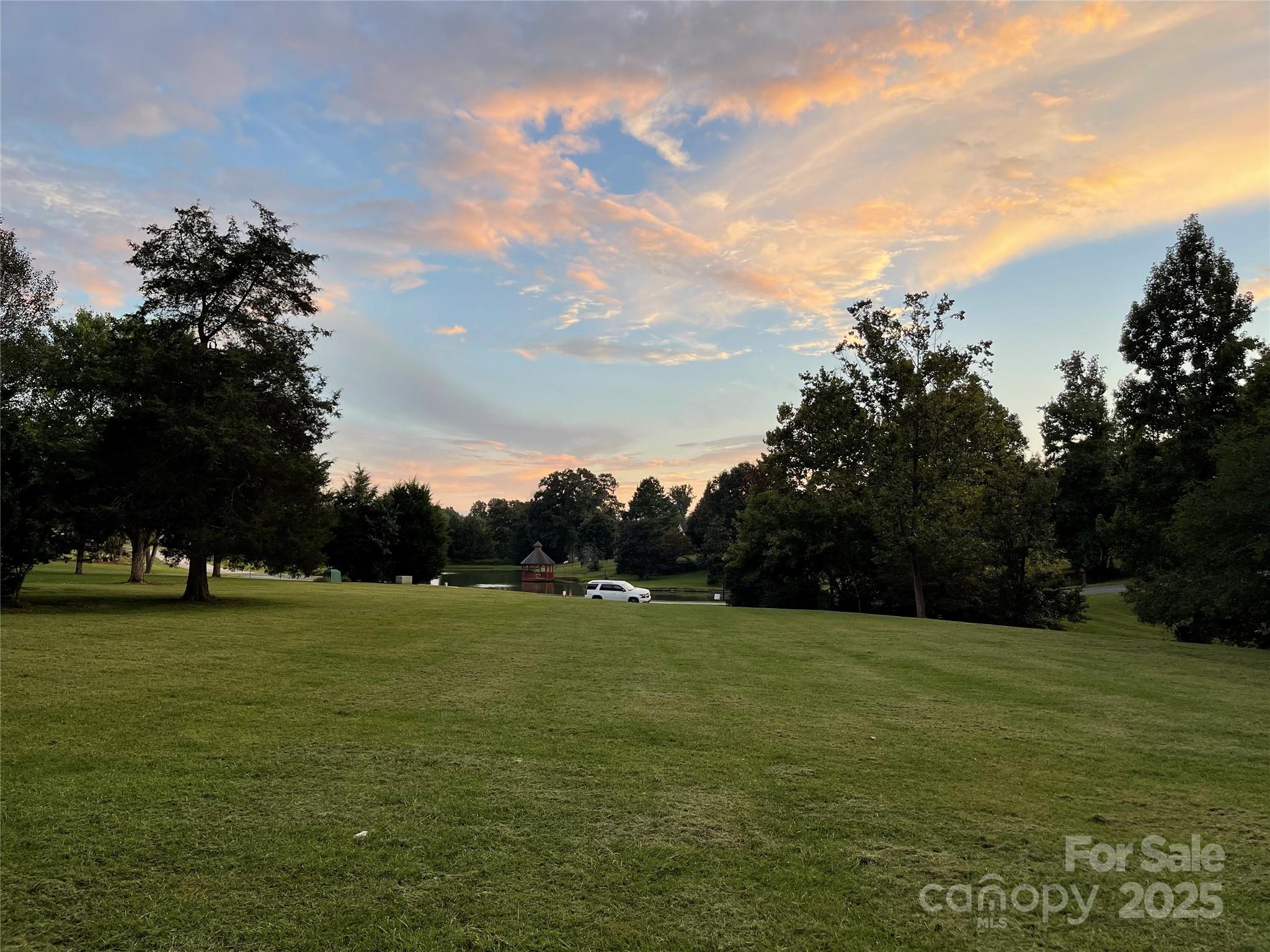 a view of a field with an trees