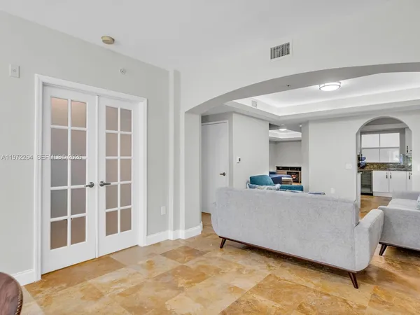 a view of a dining room with furniture