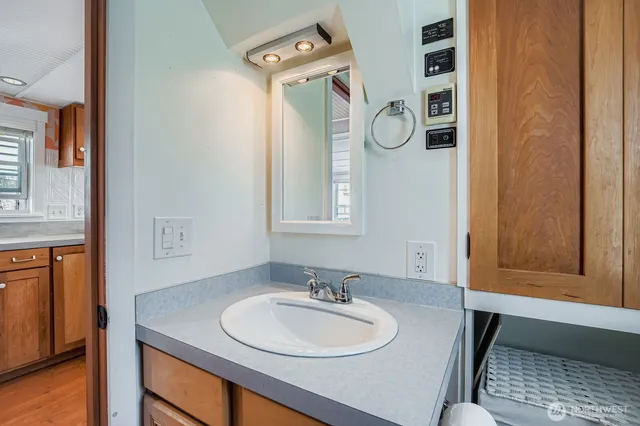a bathroom with a sink and a mirror