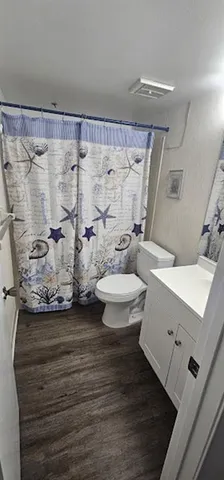 a bathroom with a sink a toilet and shower