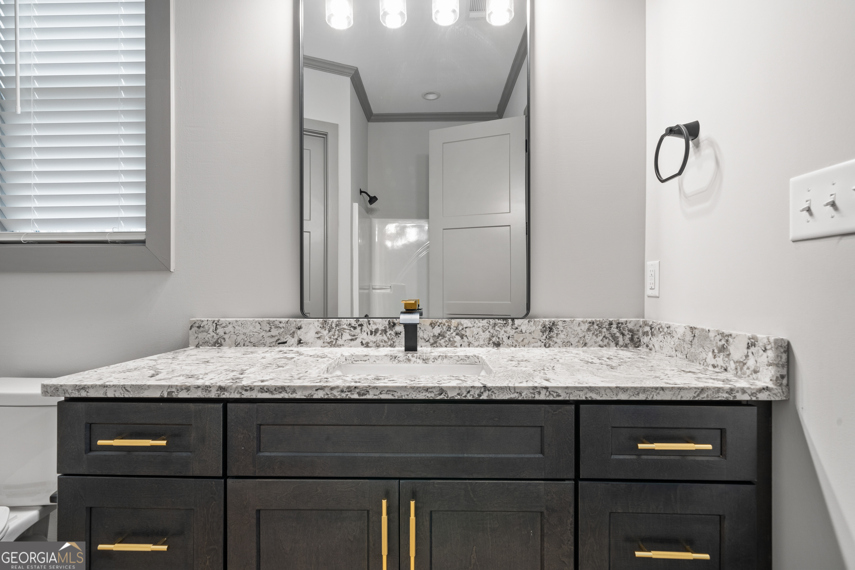 303 Tumbling Shoals Court Gray, GA 31032 - Photo 56 of 86 a bathroom with a granite countertop sink and a mirror