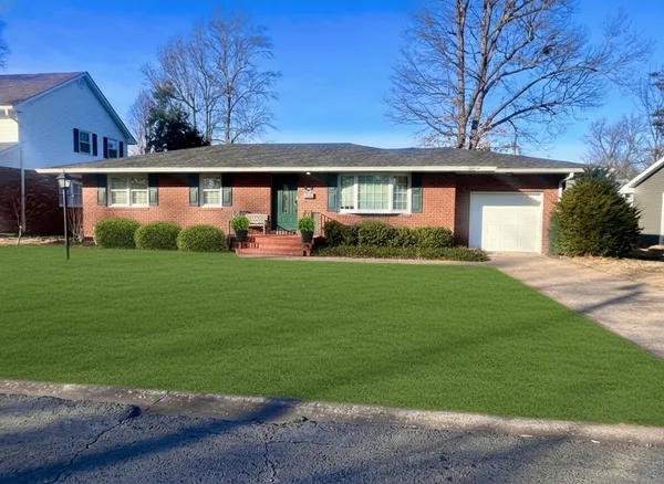 a front view of a house with a yard and trees