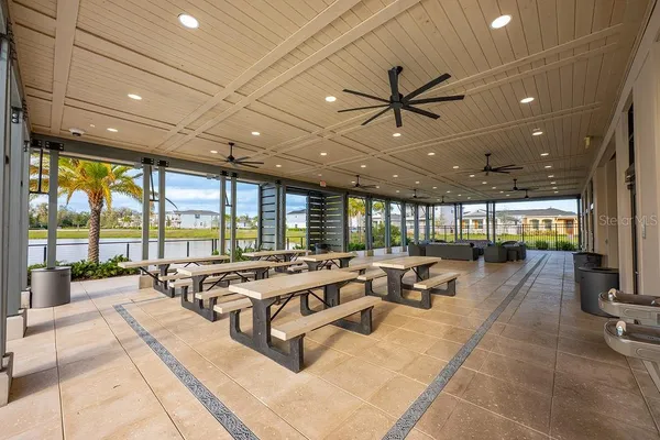 an outdoor space with furniture
