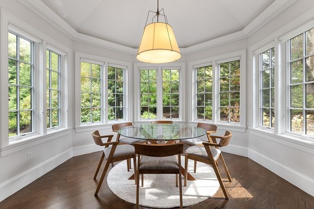 a dining room with furniture window and outside view