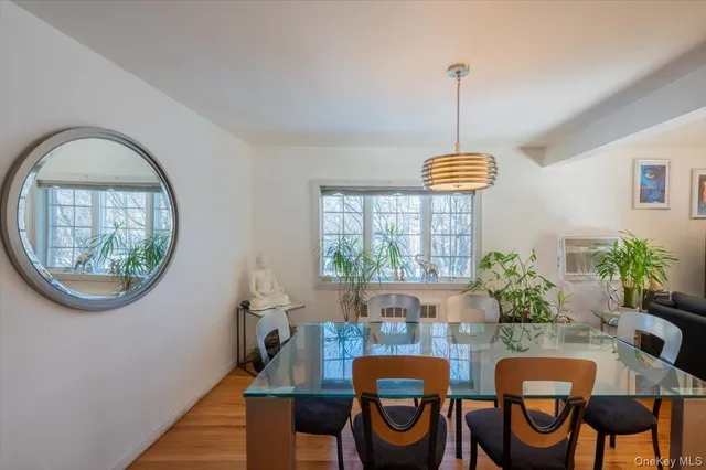 a dining room with furniture a potted plant and a chandelier