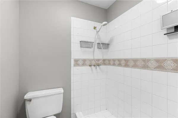 a bathroom with a shower and toilet
