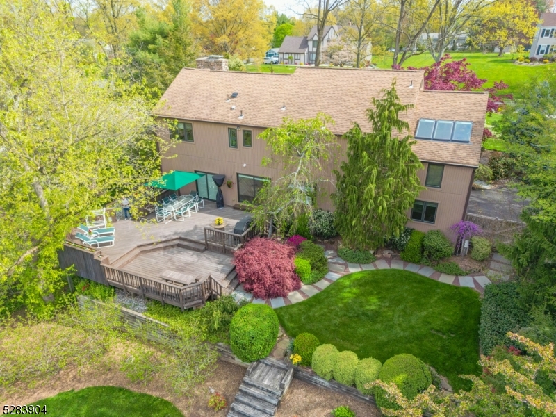 aerial view of a house with a yard and potted plants