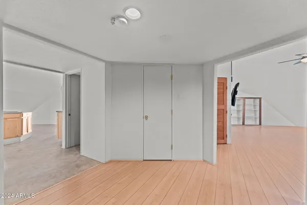 a view of an empty room and wooden floor