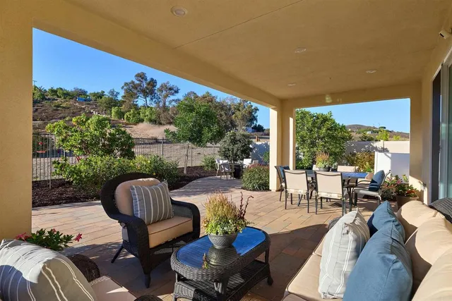 a view of a patio with couches chairs and a potted plant