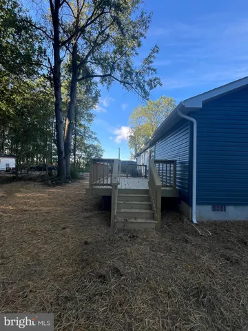a view of a dry yard with trees in the background