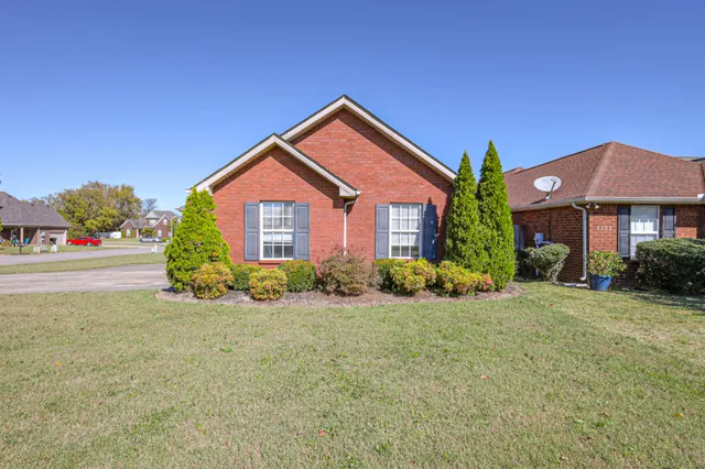 a front view of a house with yard and green space