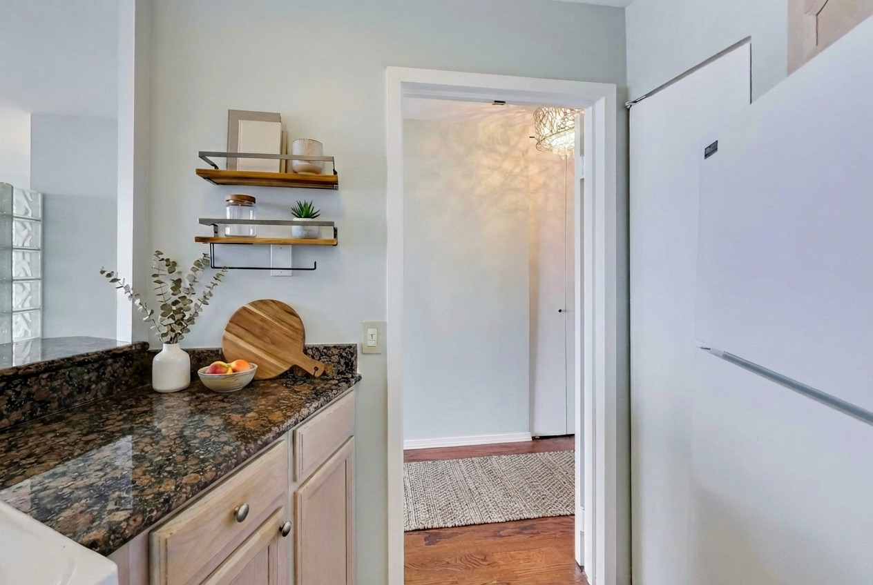5415 North Sheridan Road, Unit 3203 Chicago, IL 60640 - Photo 8 of 20 a kitchen with granite countertop a refrigerator and a sink