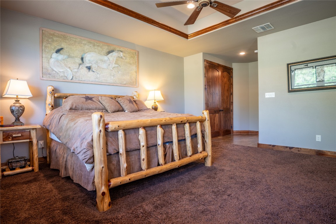 5525 Fm2340 Road Burnet, TX 78611 - Photo 17 of 39 Carpeted bedroom with a tray ceiling, a ceiling fan, and recessed lighting